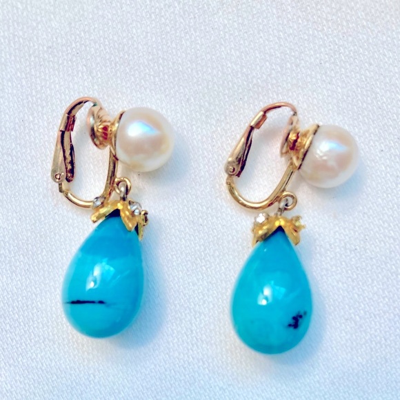 Turquoise Tear Drop and Pearl Earrings - Picture 1 of 3
